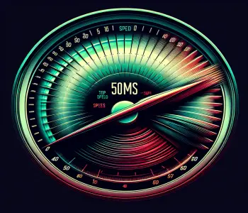 A speedometer graphic, with the indicator at max, showing 50ms as the fast speed we are going.